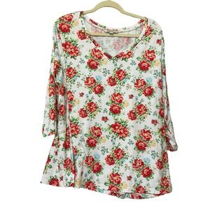 Pioneer Woman Floral V- Neck Knit Stretch Top 3/4 Length Sleeves Size XXL
